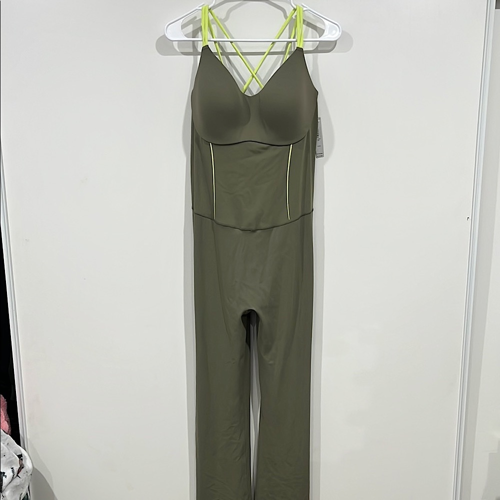Olive Green Jumpsuit with Neon Straps